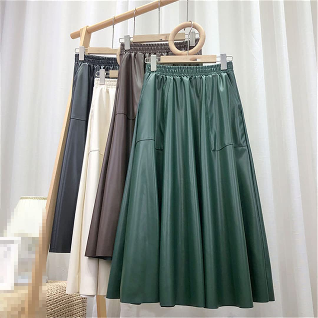 Faldas de Cuero sintético para Mujer, con Bolsillos, Cintura Alta elástica, Corte en A, Falda Larga Acampanada para Mujer (Talla única Negra)