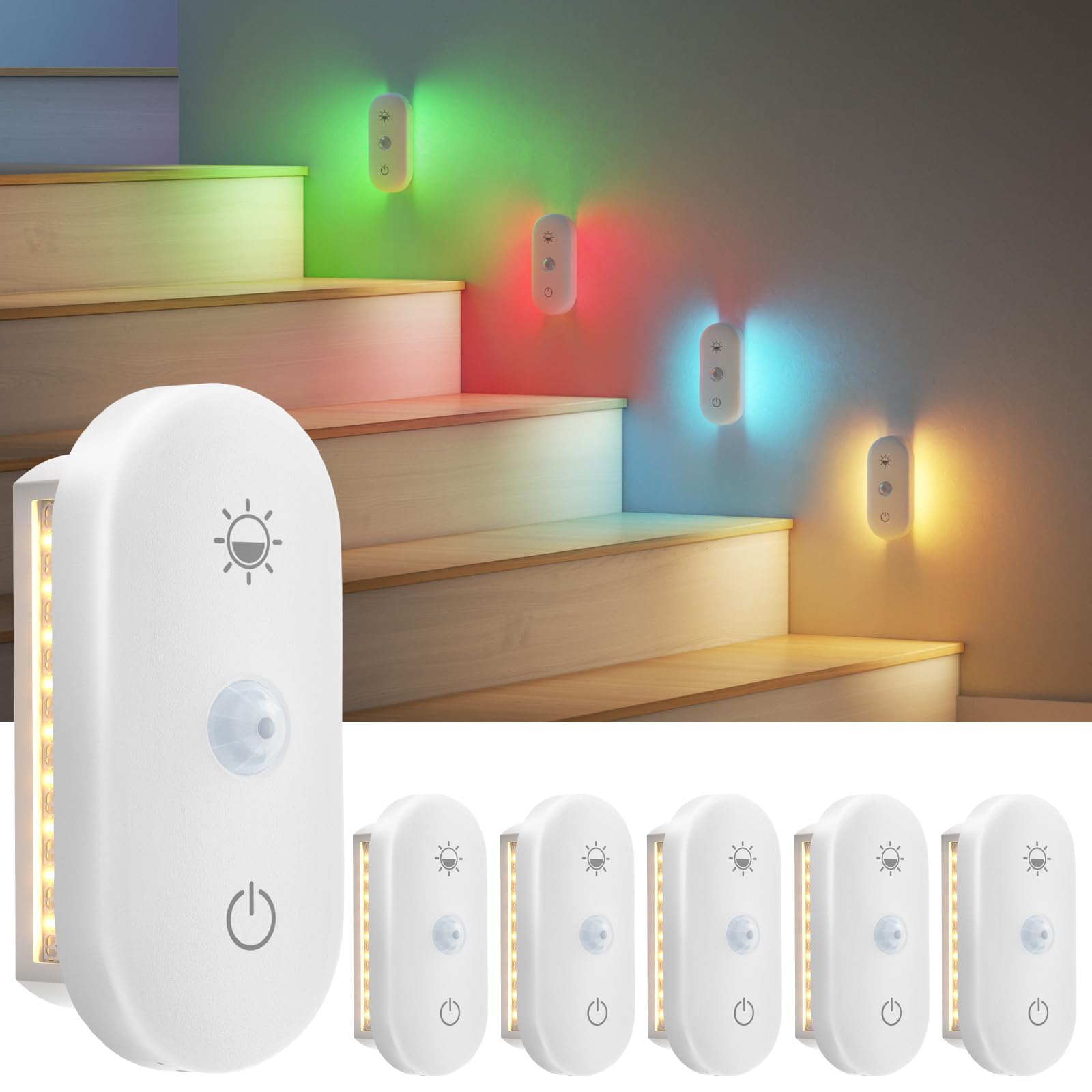 Hiromeco Rechargeable Night Light for Stair: Motion Sensor with 1800mAh Battery for 90-Nights Navigation - 3000K+RGB for Hallway Stair Safety 6-Pack