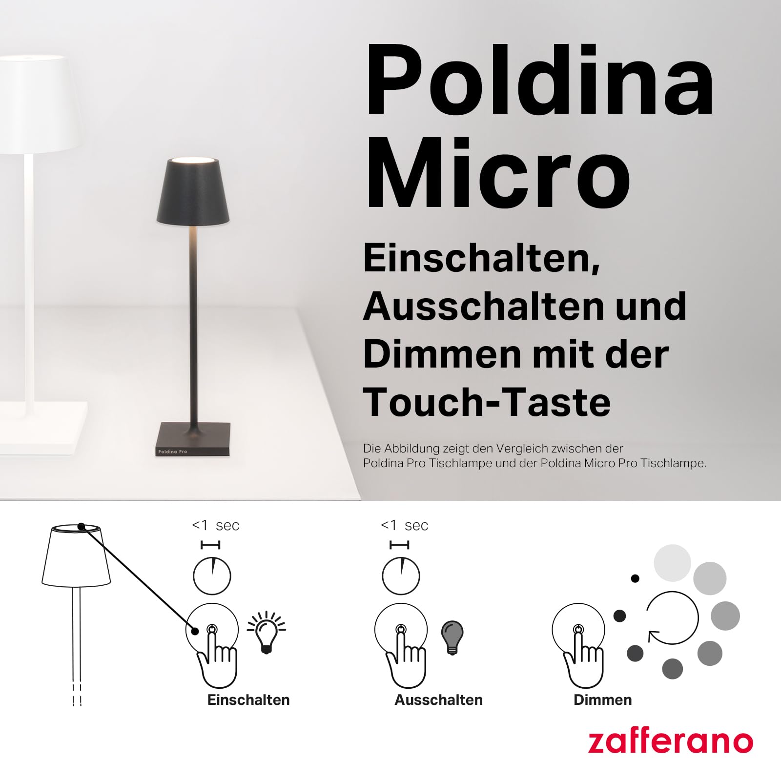 Zafferano, Poldina Micro Lampe, Kabellose, Wiederaufladbare Tischlampe mit Touch Control, Geeignet für Wohnzimmer und Außenbereich, Dimmer, 2200-3000 K, Höhe 27,5 cm, Farbe Rot