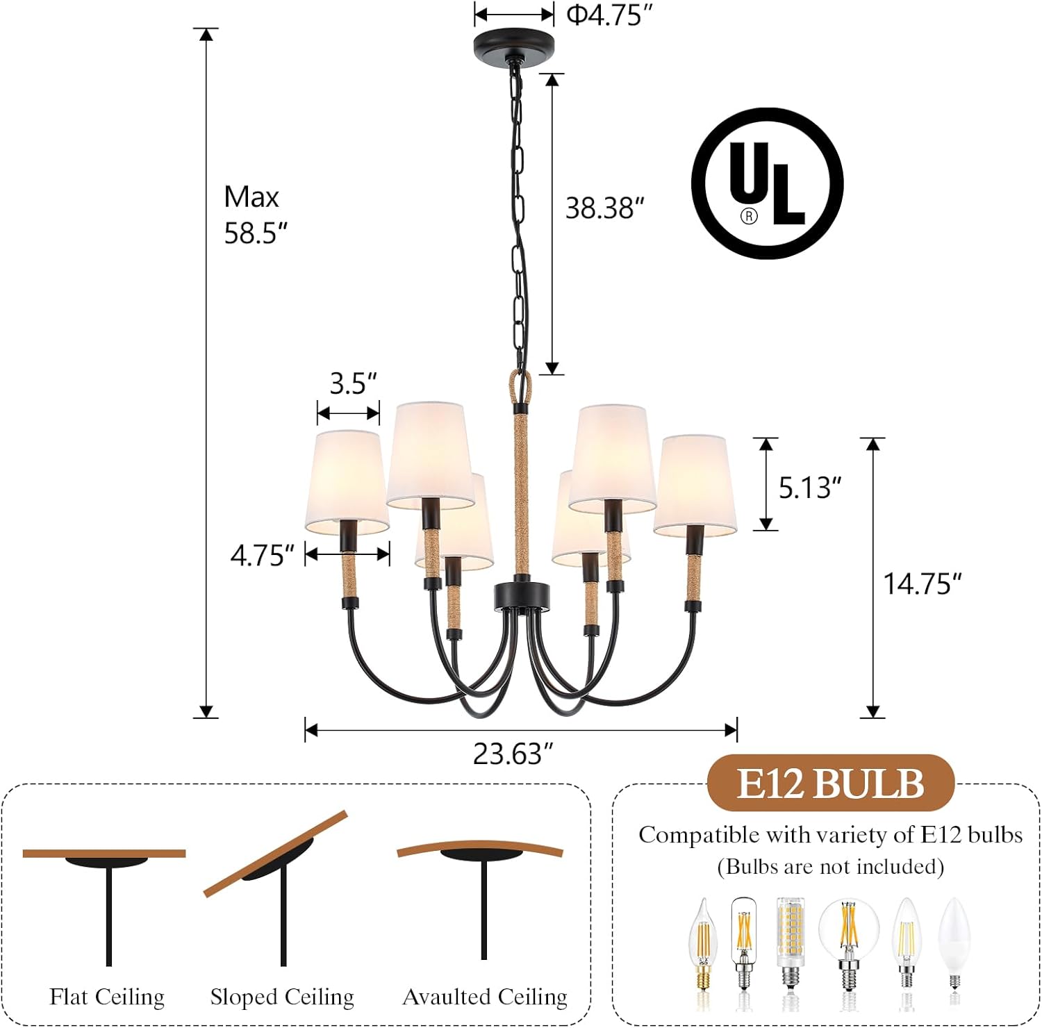 6-Light Black Chandelier with White Fabric Shades Modern Chandeliers for Dining Room Light Fixture Farmhosue Pendant Hanging Light for Kitchen Island Over Table Living Room