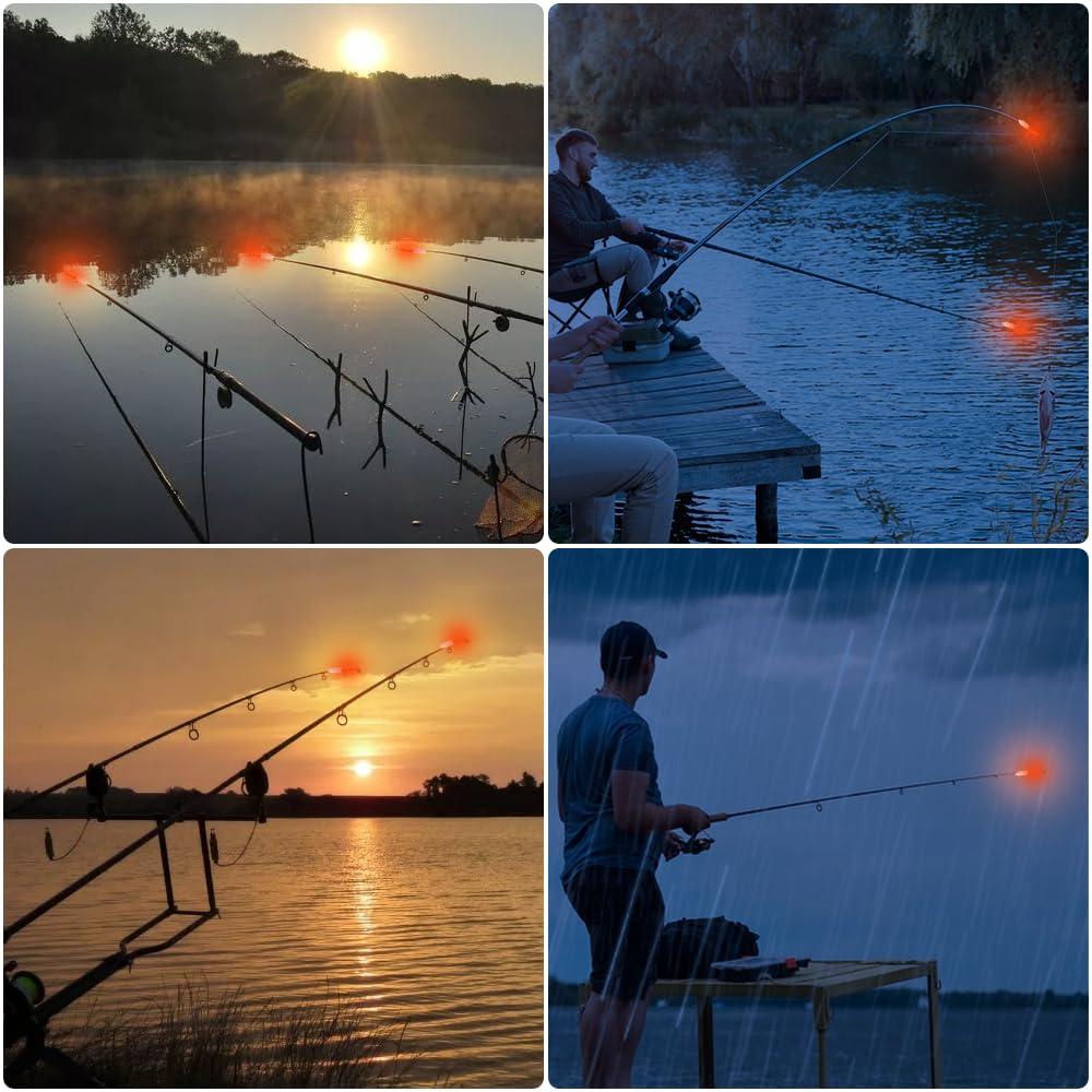 5 Campanas de Alarma de Pesca, LED luz Nocturna para Pesca Impermeables Alarma de mordida de Pesca Nocturna con Hebilla Alarma de mordedura de Pesca Nocturna para caña de Pescar de mar,Rojo