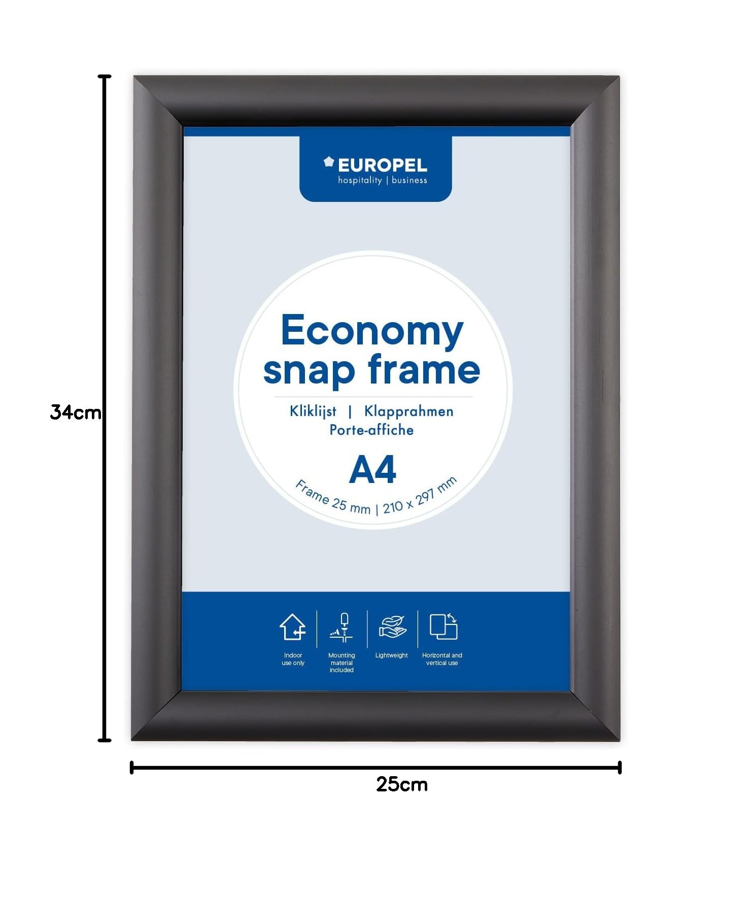 Europel Marco Economy Snap A4, color negro, perfil de aluminio de 25 x 11 mm, para carteles de 21 x 29,7 cm, película antirreflectante, visualización de publicidad, menús, hotel, oficina, restaurante