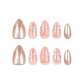 CTTHNBD Press on Nails Medium - Almond Fake Nails with Flower Design - Gold Glitter Full Cover Stick on False Nails - for Women 24 Pcs