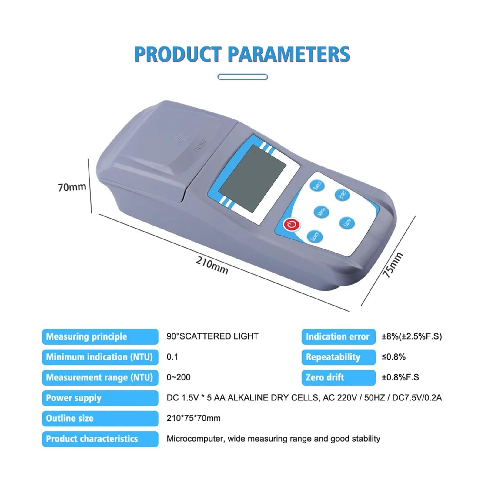 Turbidímetro Digital con pantalla LED, medidor de turbidez, calidad del agua líquida 0-200 NTU 0,1 NTU for tratamiento de agua de lab Alta sensibilidad | 0-200NTU