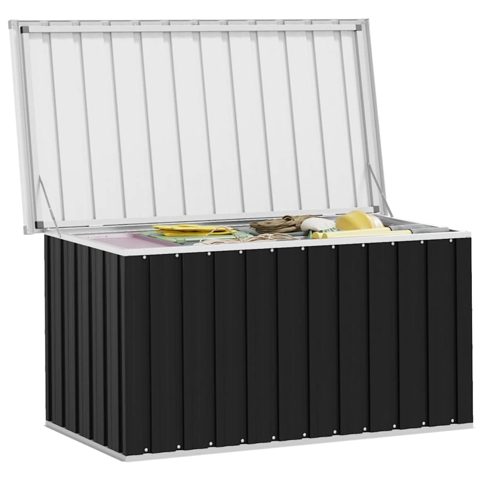 Gecheer Coffre de Rangement Jardin Anthracite 129x67x65cm - Acier Galvanisé, Spacieux, Facile à Assembler