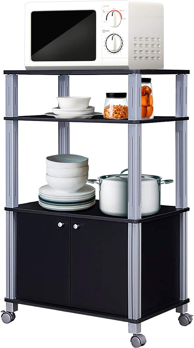 Giantex Rolling Kitchen Bakers Rack Microwave Oven Stand Utility Cart Multifunctional Display Shelf on Wheels with 2-Tier Shelf and Cabinet Spice Organizer for Kitchen Dining Room Furniture (Black)