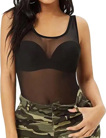 Allchic Womens Sheer Mesh Tank Tops, See Through Scroop Neck Blouses, Sleeveless Sexy Tops - Black, Medium