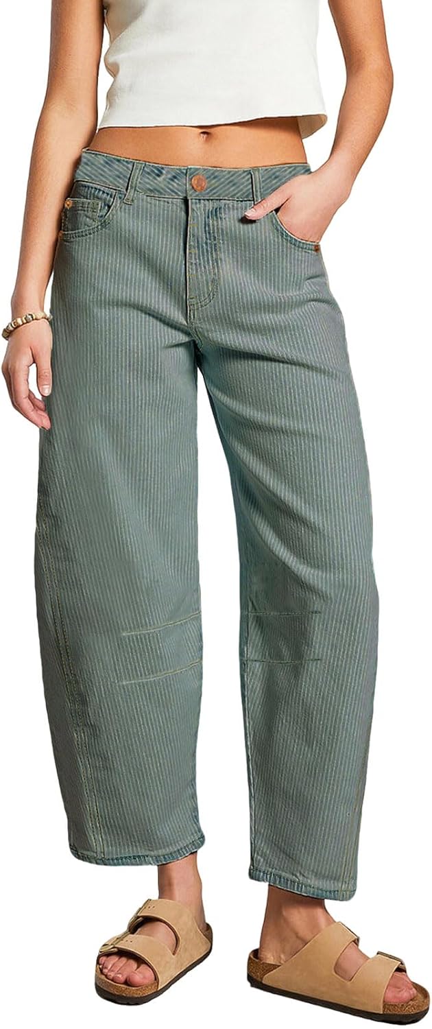 loveimgs Women Casual Striped Denim Pants Y2k Baggy Wide Leg Barrel Jeans Sweatpants Print Boyfriend Balloon Cargo Pants