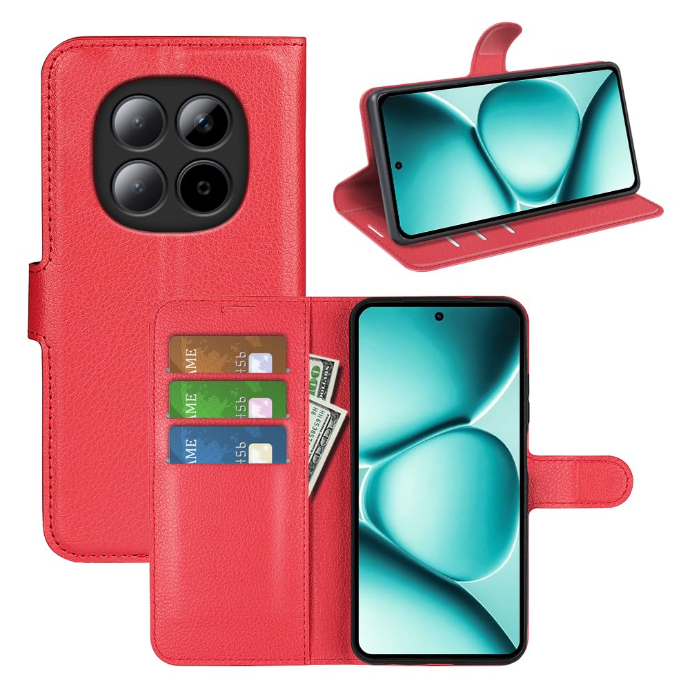 Case for Xiaomi Redmi Note 15 Pro 5G, Shockproof Leather Wallet Flip Cover Case with Silicone Bumper, Card Holder, Kickstand, Magnetic Buckle and Stand, Red