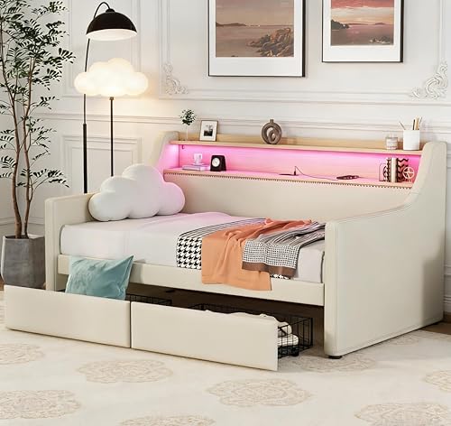Bellemave Twin Upholstered Daybed with Charging Station and LED Lights,Corner Daybed Frame with Drawers for Living Room, PU Leather, Beige