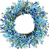 Artificial Summer Wreath, 20" Artificial Flower Wreath with White and Blue Daisy, Spring Wreaths wit