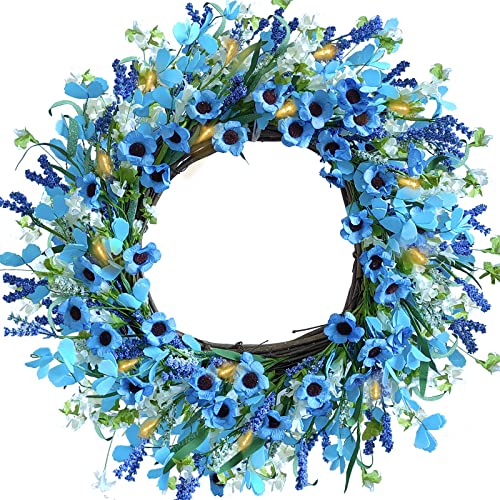 Artificial Summer Wreath, 20" Artificial Flower Wreath With White And Blue Daisy, Spring Wreaths With Led Lights For Front Door Home Decor #TOP3