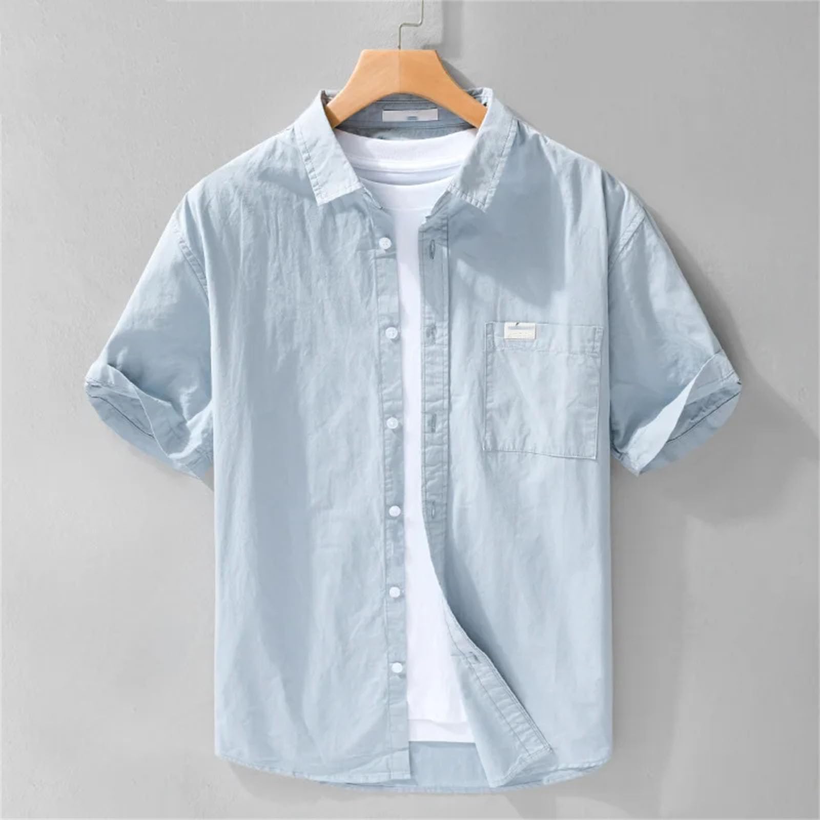 Camisa de color sólido para hombre, manga corta, bolsillo en el pecho, simple, básica, de algodón puro, clásica, para uso diario