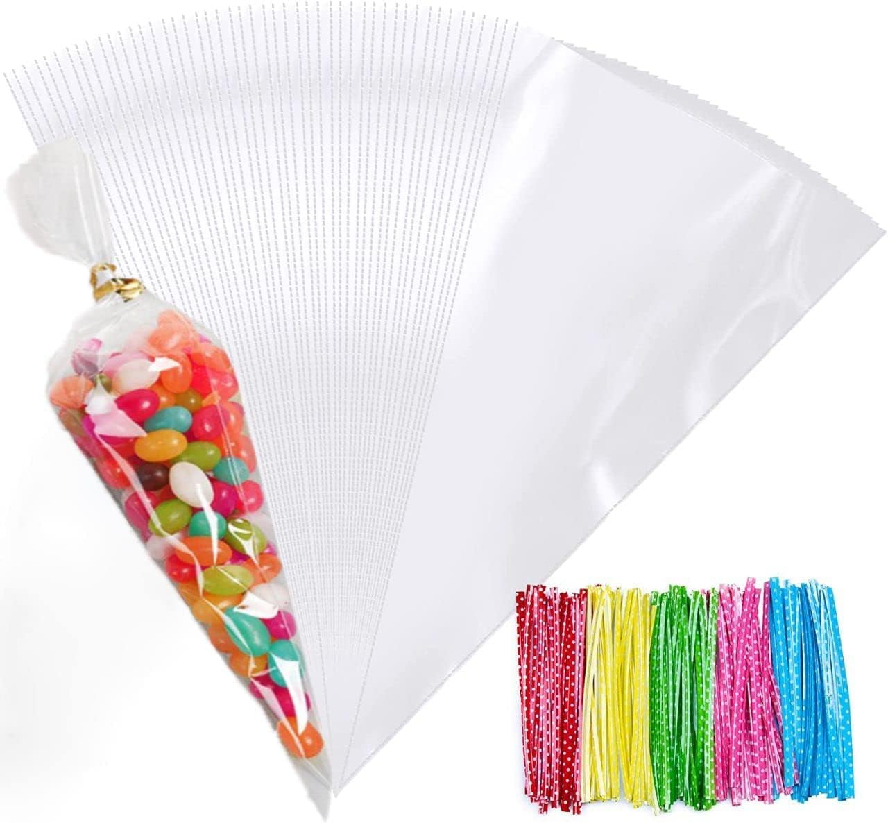 FOLKSNSHOPS 100pcs Sweet Cone Bags 32x18cm Clear Cone Bags, Sweet Bags, Cellophane Cone Bags with Ties for Party Supplies, Sweets, Biscuits Displaying & Wrapping on Birthday Parties and Festivals