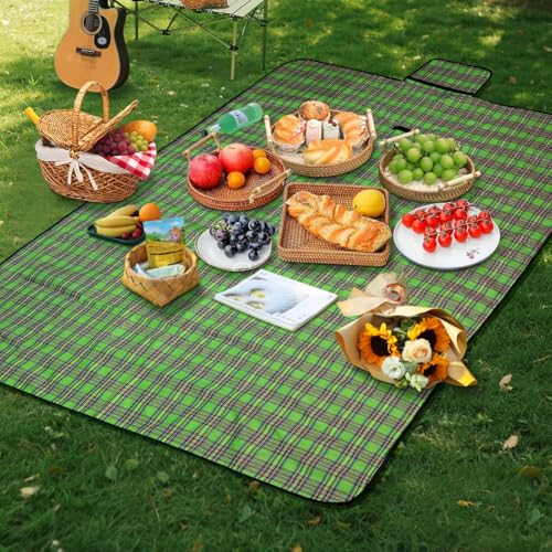 Alaoo Picnic Blanket,Extra Large Waterproof Picnic Mat with Carrying Handle Foldable and Portable 150CM X 200CM, Camping Blankets for Camping, Park, Garden, Beach, Outdoor,Green Stripes
