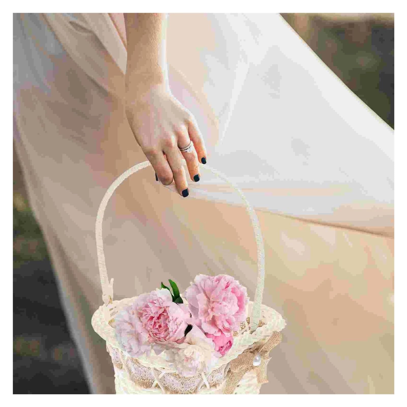 Blumenkörbe, Hochzeitsblumenkorb, handgehaltener Aufbewahrungsbehälter, Sackleinen, Herz, Makramee-Körbe, Kunststoff, Mädchen, Braut, Hochzeit, Blumenmädchenkörbe