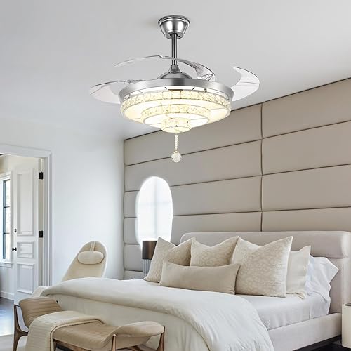 Miniatura 7 de Ventilador de techo de cristal de 42 pulgadas con luces, retroceso cromado moderno, control remoto, 3 velocidades, ventilador de techo sin ruido