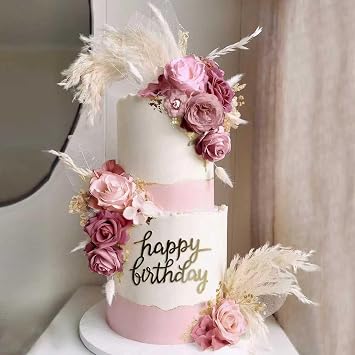 33 PCS Boho Cake Topper Decorations Vintage Artificial Rose Flowers Leaves Various Dried Pampas Grass for Cake Decorating Kit for Wedding Bridal Birthday Party Supplies