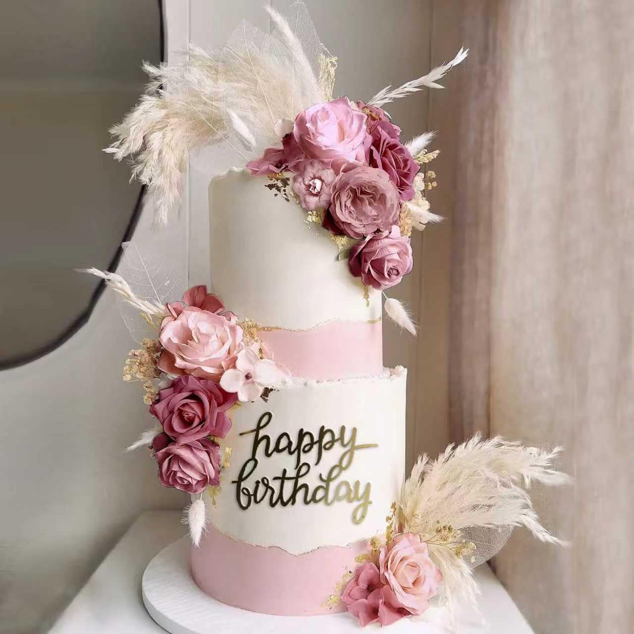 33 PCS Boho Cake Topper Decorations Vintage Artificial Rose Flowers Leaves Various Dried Pampas Grass for Cake Decorating Kit for Wedding Bridal