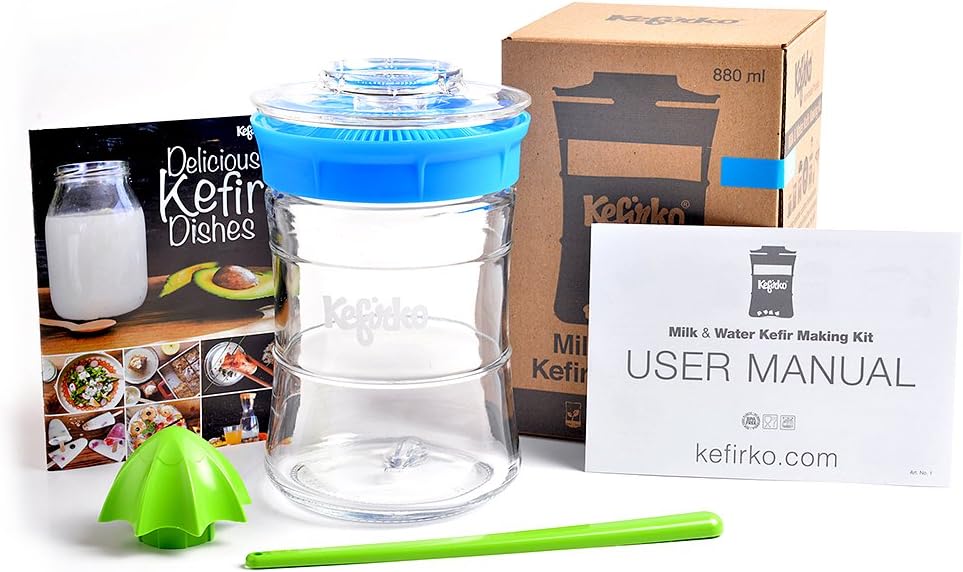 KEFIRKO - Light Blue Kefir Fermenter Kit, as seen on Kickstarter - Easily Brew your own Milk Kefir Grains and Water Kefir Grains
