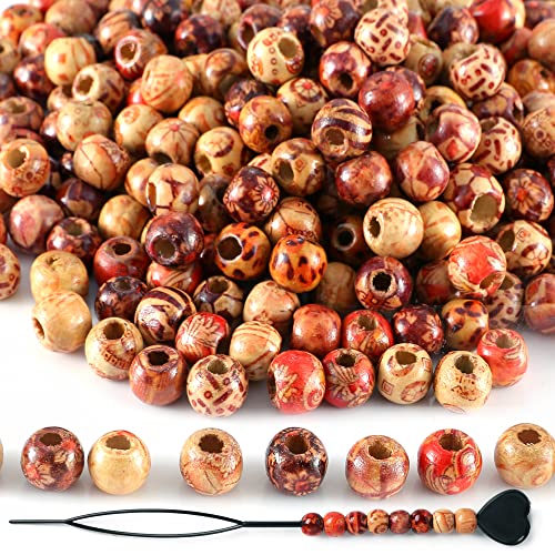 SOSMAR 400 Stück x 10mm Holzperlen Bedruckt mit Perlen Einfädler, Holzkugeln mit Loch Groß 4mm, Indianer Schmuck Perlen zum Basteln Makramee Armband Dreadlocks etc.