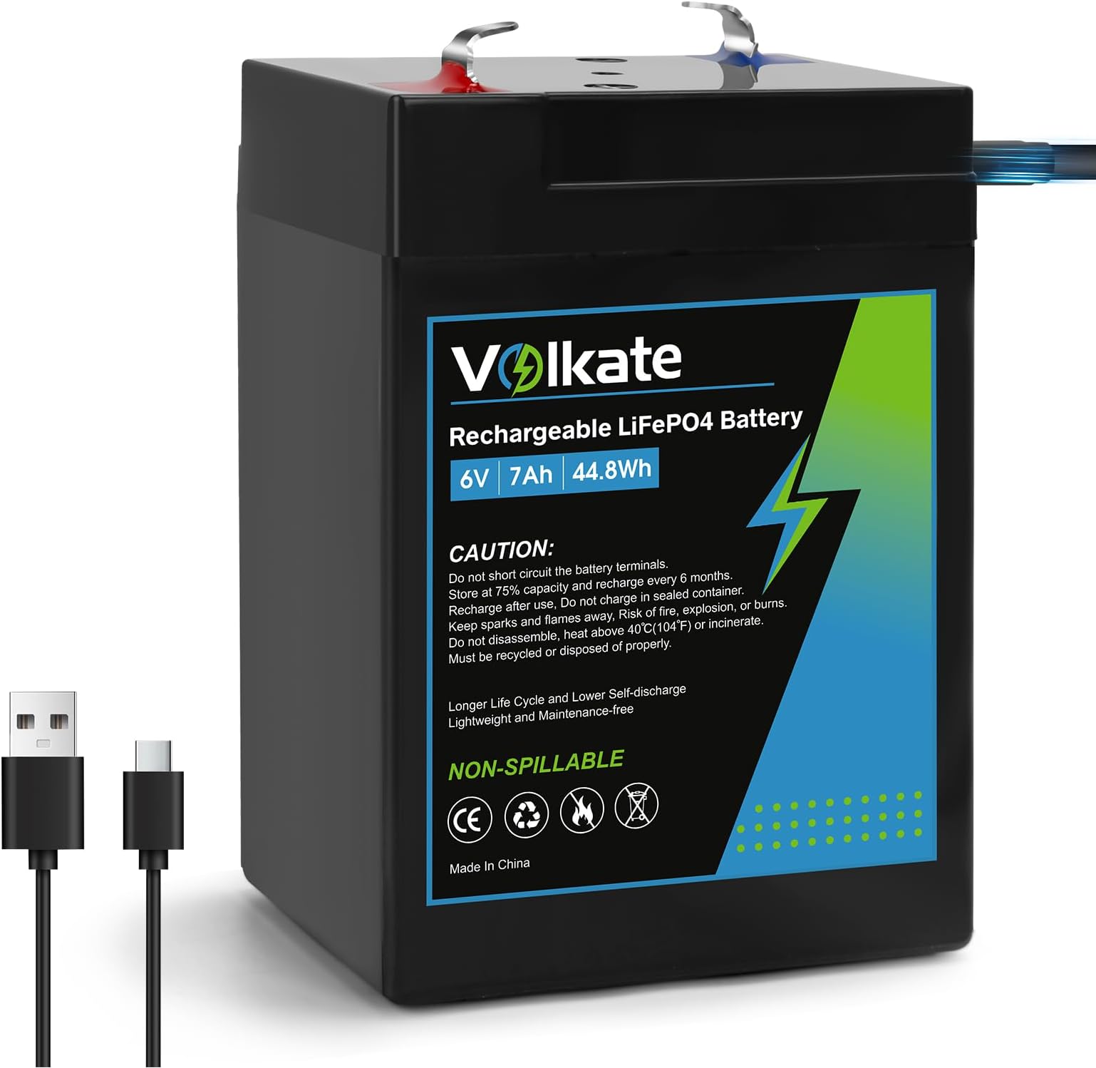 6V 7Ah LiFePO4 Lithium Battery 1 Pack, 6 Volt USB-C Rechargeable Lithium Iron Phosphate Battery, 2000+ Cycles, for Ride On Toy, Lantern, Deer Game Feeder, Emergency Light, Alarm System (F1 Terminal)