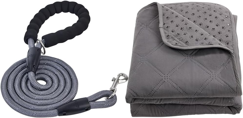 Gorilla Grip Pet Leash and Pet Blanket, Heavy Duty Dog Leash in 5Ftx1/3 Inch Rotating Metal Clip in Gray, Throw Blankets in 30x70 Inch Washable in Charcoal, 2 Item Bundle