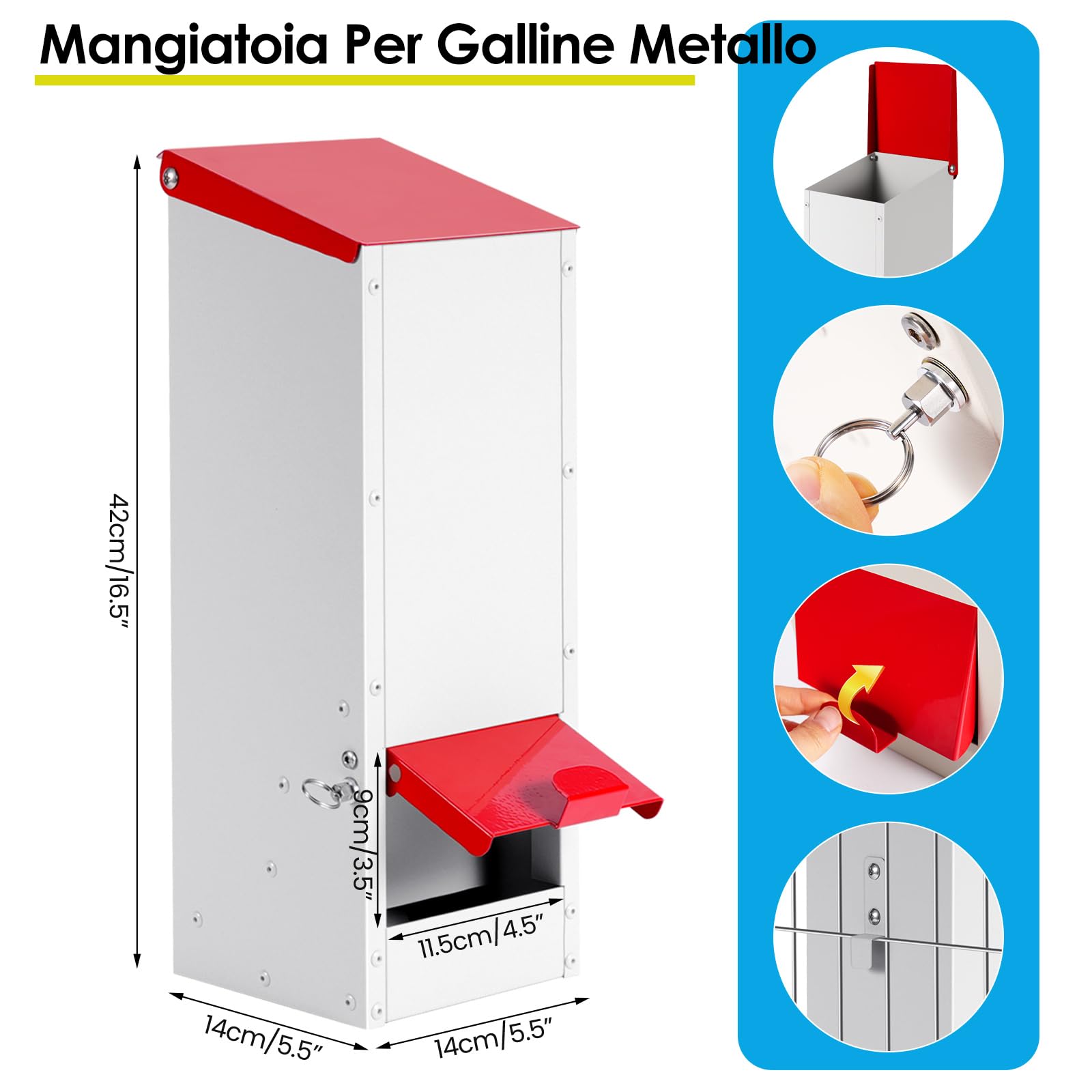 Mangiatoia per Galline a Zincata 3 Kg, Alimentatore Automatico da Appendere, Tramoggia per Polli, Antipioggia Contenitore per Granaglie, Antitopo Antispreco