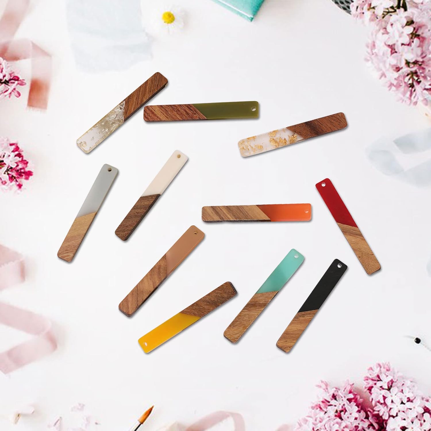 CDIYTOOL 44 Pcs Resin Wooden Rectangle Bar Charms Earrings Pendants Mixed Color Vertical Bar Wooden Pieces Pendants Vintage Resin Wood Statement Earring Findings for Necklace Jewelry Making