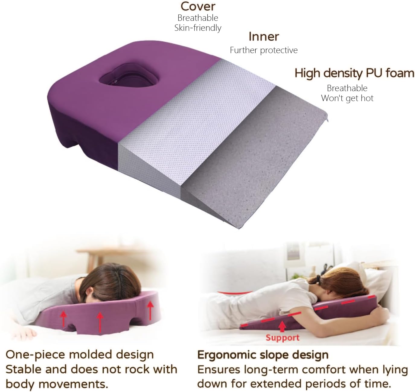 3 in 1 Face Down Pillow, Massage Pillow face Down, Wedge Pillow for Sleeping, Prone Pillow,Massage Table Portable,Removable Cover (2 Colors)