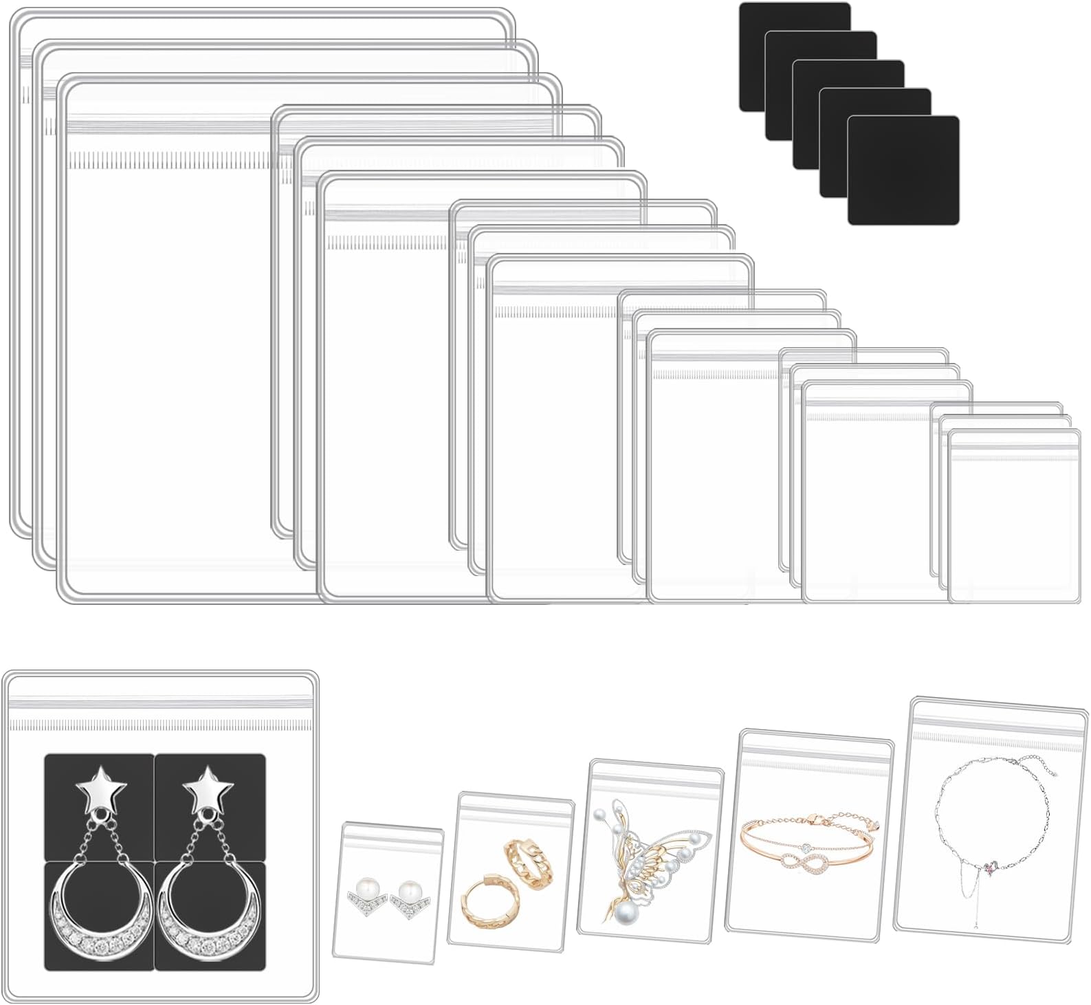 Fangoo 240 Pcs Anti Tarnish Strips with Clear Jewelry Organizer Bag Sets,120 Pcs Self Seal Jewelry Packaging Bags in 6 different sizes and 120 Anti Tarnish Strips for Storage Jewelry Rings Earring