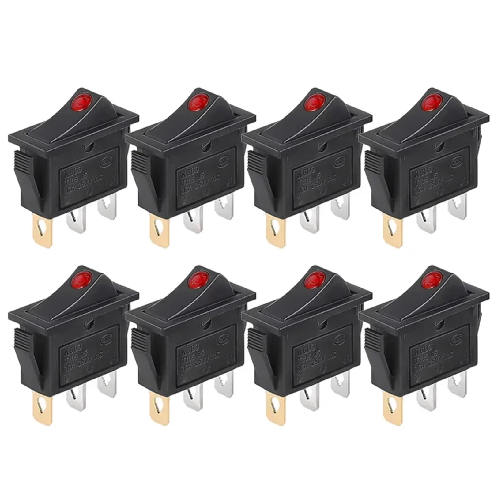 Interruptor basculante KCD3 de punto rojo, encendido y apagado, 2 posiciones, 3 pines, con luz, potencia: 16 A, 250 V/20 A, 125 V CA, 8 unidades(8pcs dot red)