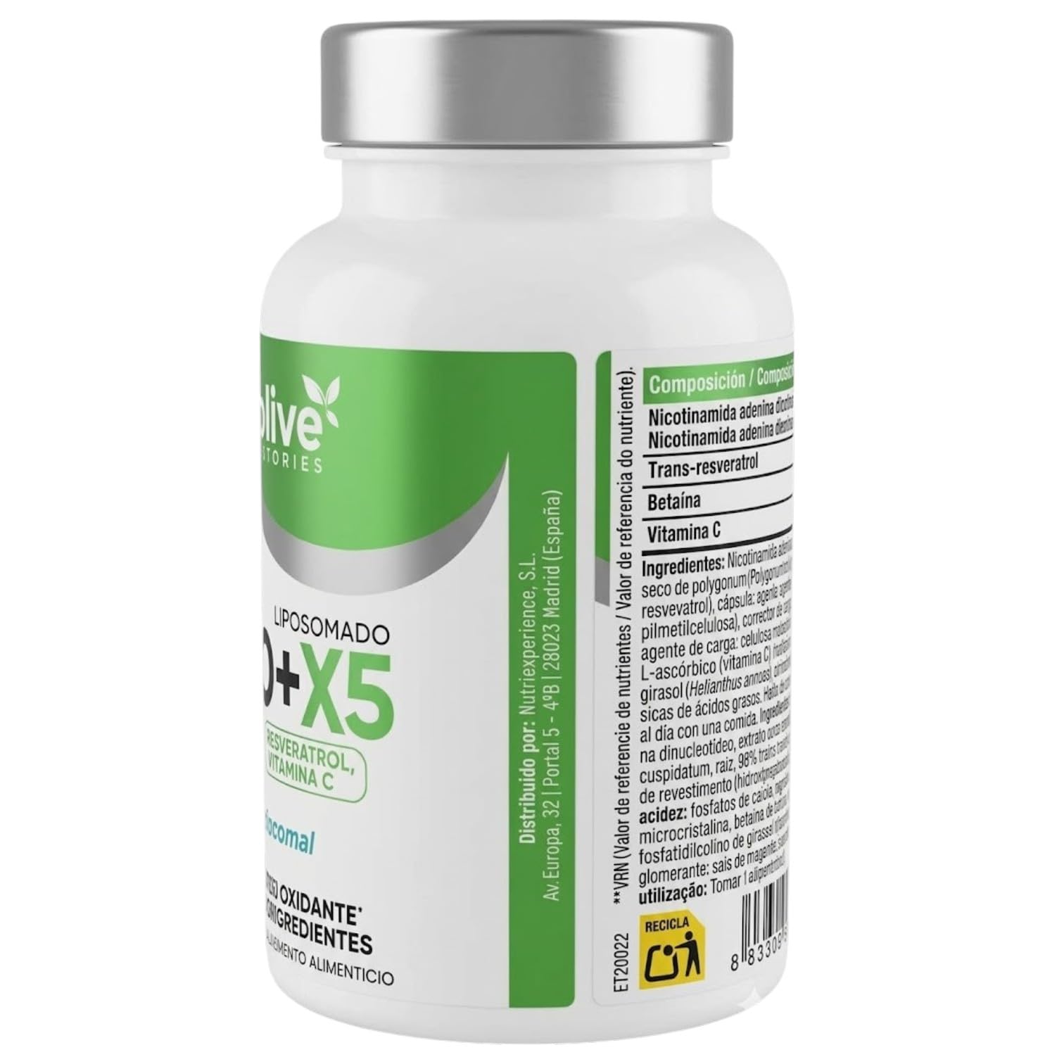 NAD+X5 60 Cápsulas Liposomadas – NAD+ + Trans-Resveratrol + Betaína – Suplemento para Energía Celular, Vitalidad y Longevidad