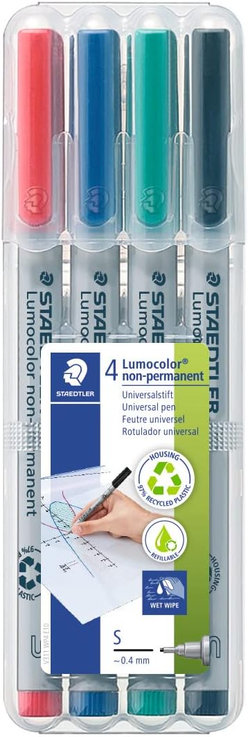 311 WP4 Lumocolor Non-Permanent Pen, Superfine Line Width, 0.4mm - Assorted Colours (Pack of 4)