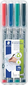 STAEDTLER 311 WP4 Lumocolor Non-Permanent Pen, Superfine Line Width, 0.4mm - Assorted Colours Pack of 4