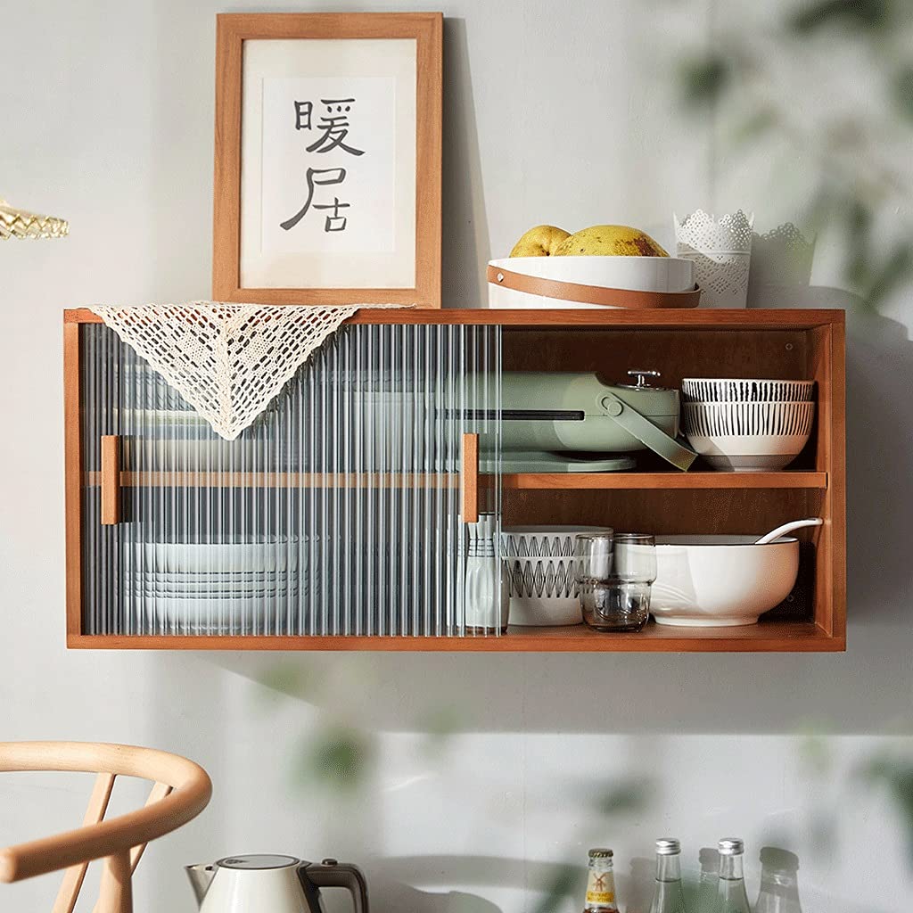 Wooden Display Cabinet,Wall Shelf Hanging Cupboard, 2 Tier for Kitchen Countertop Bar Sideboard Collectibles Storage with Glass Sliding Door(Brown)