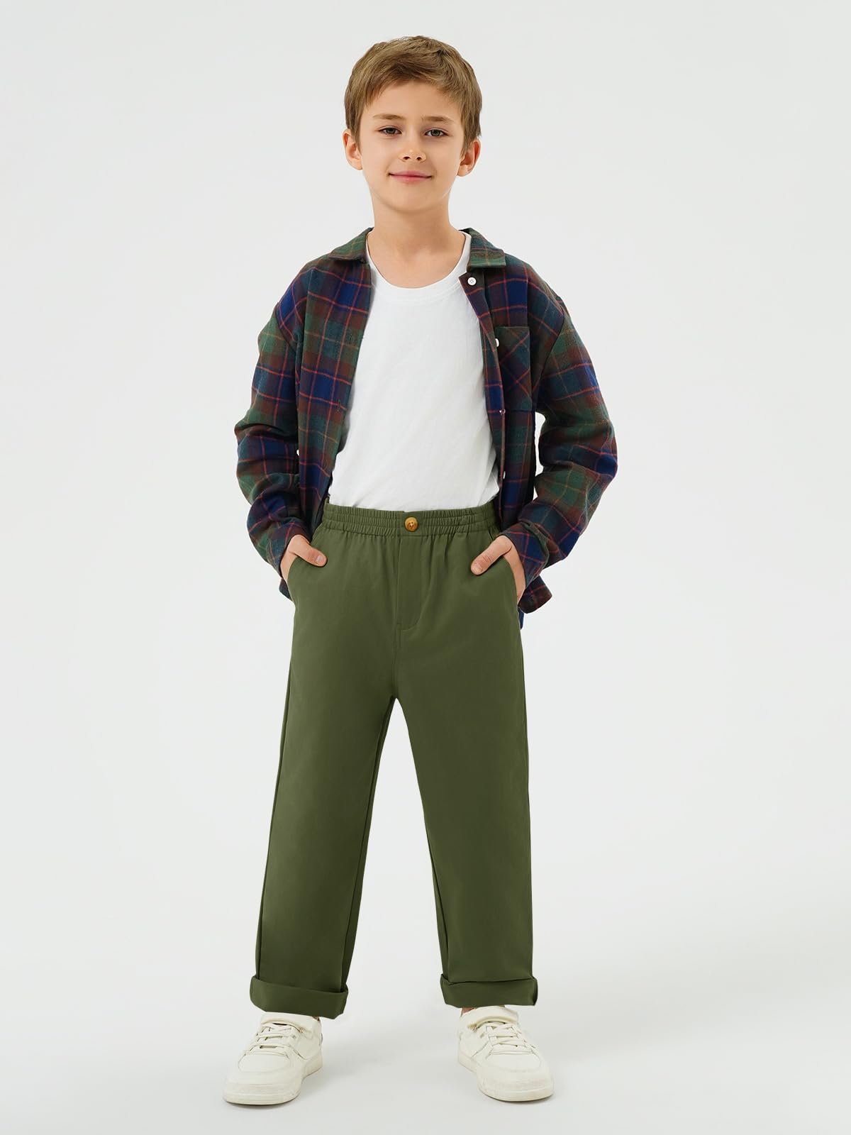 Haloumoning Pantaloni chino per uniforme scolastica, per bambini, in twill | Pantaloni elasticizzati in vita per bambini, pantaloni casual da ragazzo con tasche