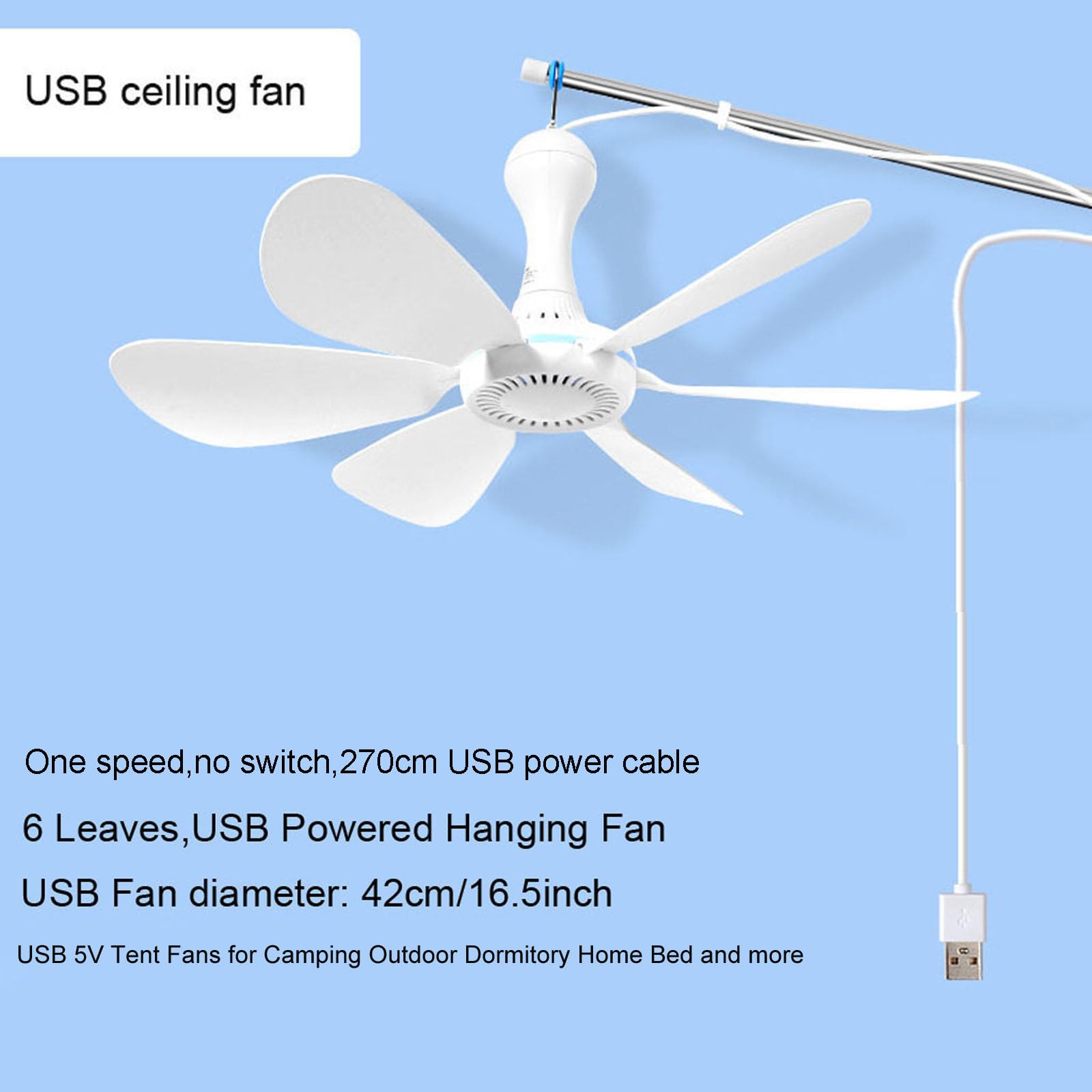 FGDTREE DC5V Mini USB Ceiling Fan for Camping Tent, Portable Hanging Ceiling Fan ?Hanging Fan with 6 Blades for Camping Cruise RV Tent Gazebo Bed Dormitory Home Room