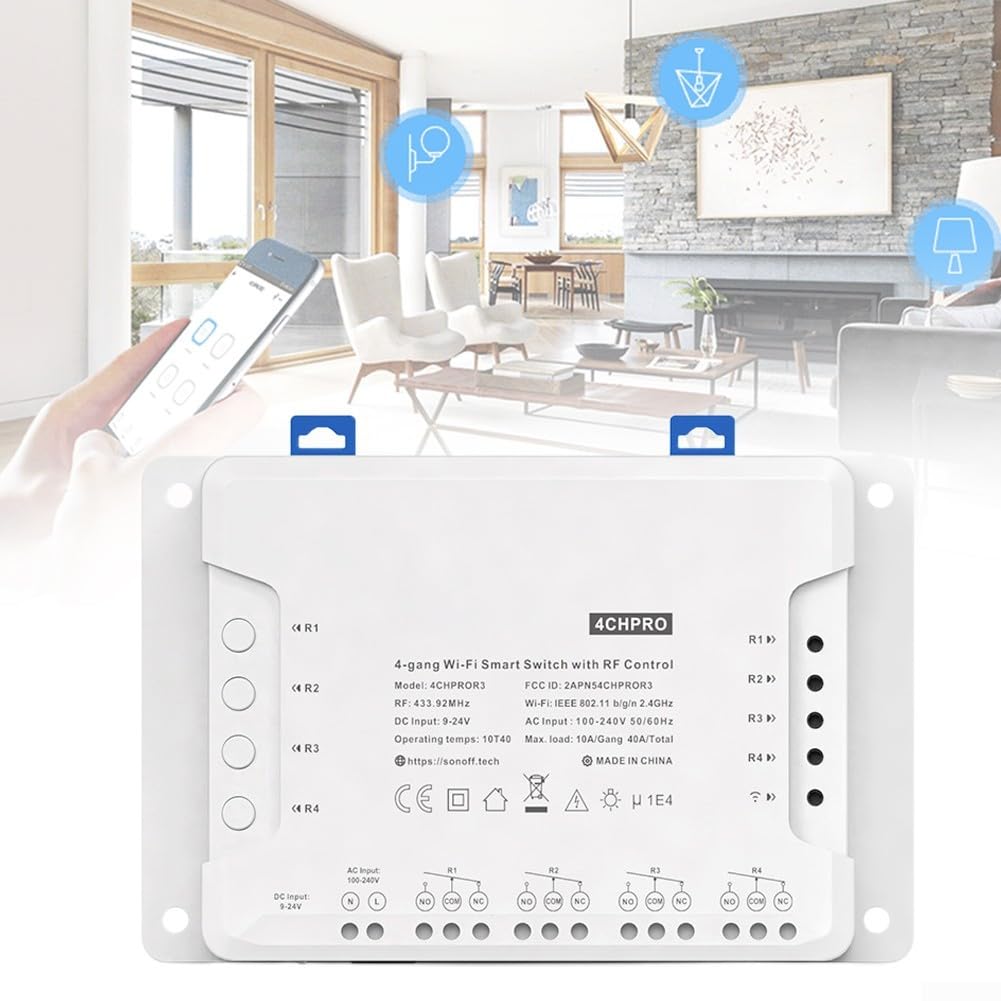 4CHPROR3 Commutateur intelligent WiFi sans fil, 4 Gang Pouces/Autoverrouillage/Interlock WiFi RF Télécommande Commutateur