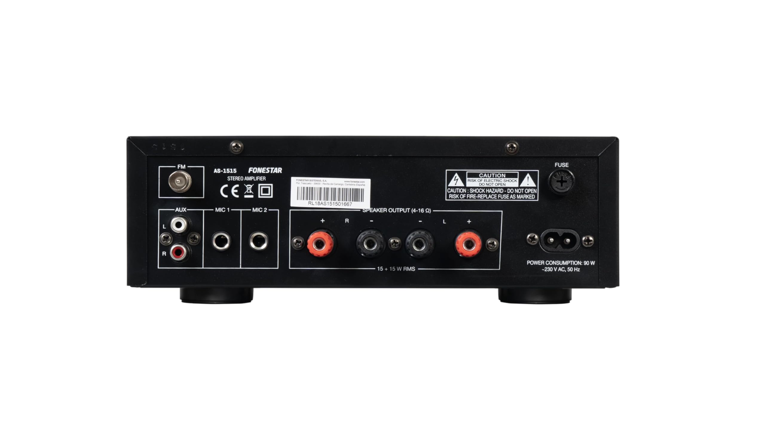 FONESTAR Amplificador Estéreo Bluetooth, USB/MP3, Radio FM, HiFi 15+15w RMS de Potencia As-1515