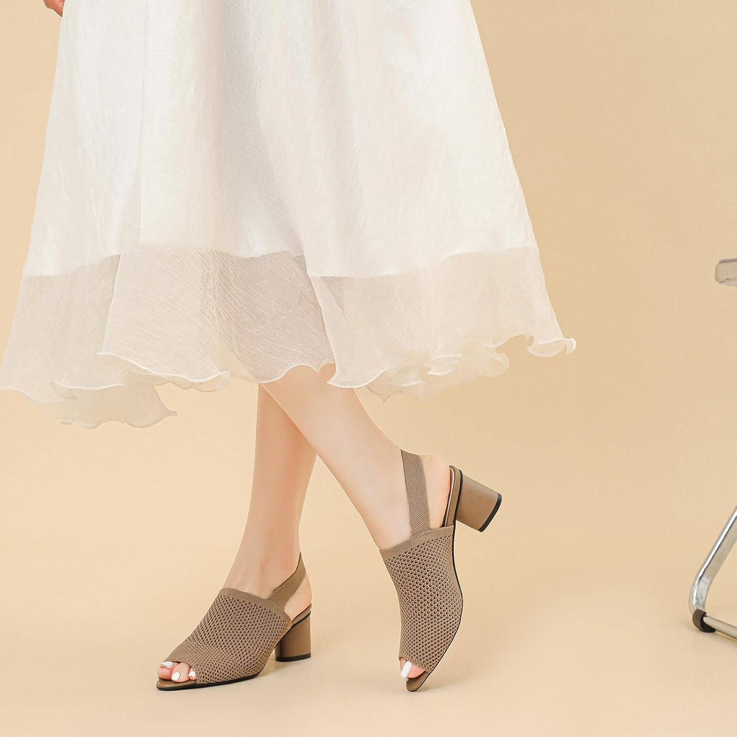 Women's Knit Peep Toe Slingback Chunky Heeled Sandals with Ankle Strap Fashion Open Pointed Toe Cut Out Slip On Backless High Heels Summer Casual Work Office Wedding Dressy Pumps - Image 3