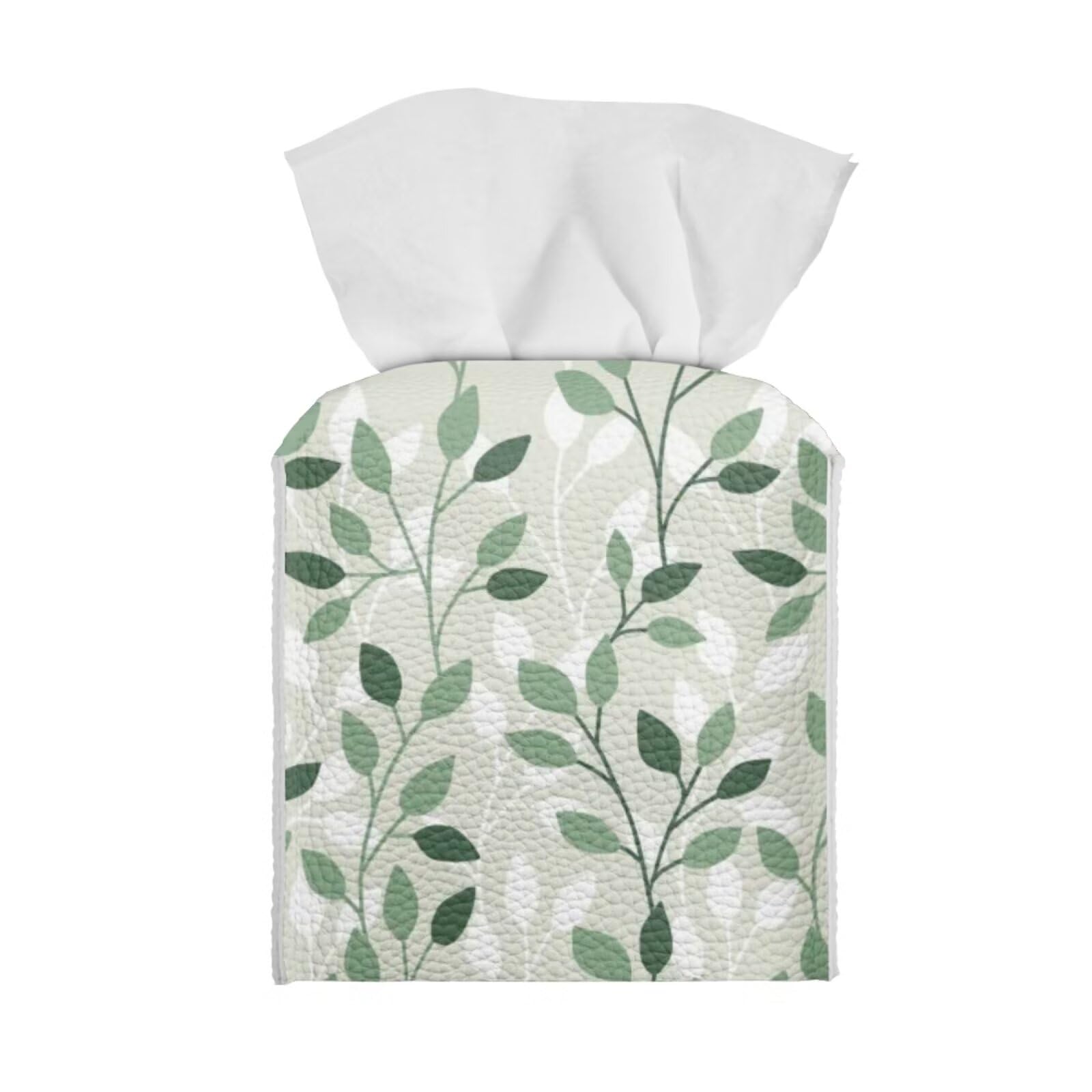 Tutolipy PU Leather Napkin Tissues Organizer Square Table Dryer Sheet Organizer 5.1"X5.1"X5.5" for Bedroom Dresser Nightstand Dining Table, Green Leaves — image 1