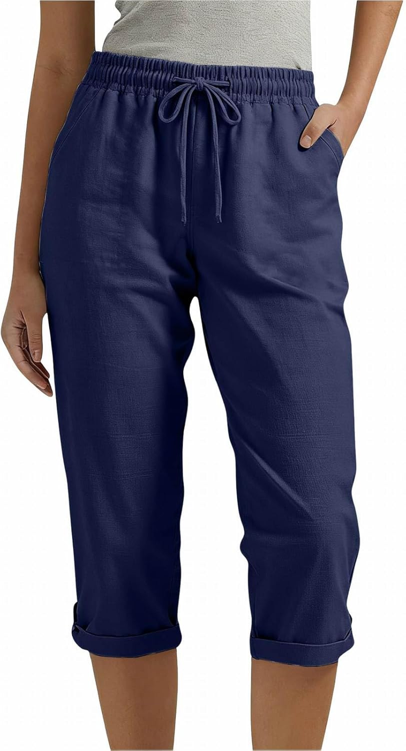 Capri Linen Pants for Women Drawstring Elastic Waist Straight Wide Leg Loose Lightweight Beach Trousers with Pockets