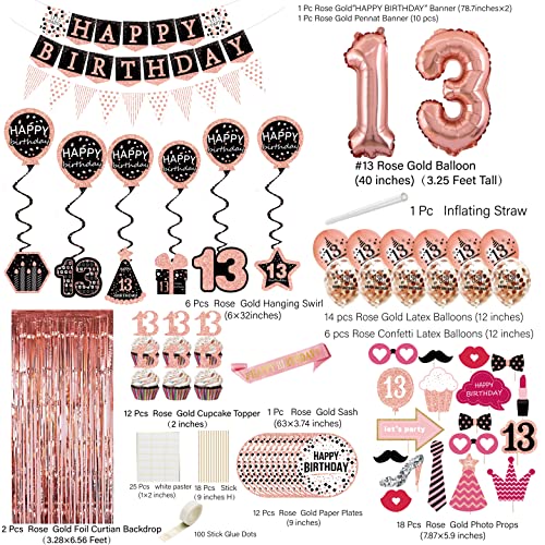 13Th Birthday Decorations For Girls - (76Pack) Rose Gold Party Banner, Pennant, Hanging Swirl, Birthday Balloons, Foil Backdrops, Cupcake Topper, Plates, Photo Props,Sash,13Th Birthday Gifts #TOP1