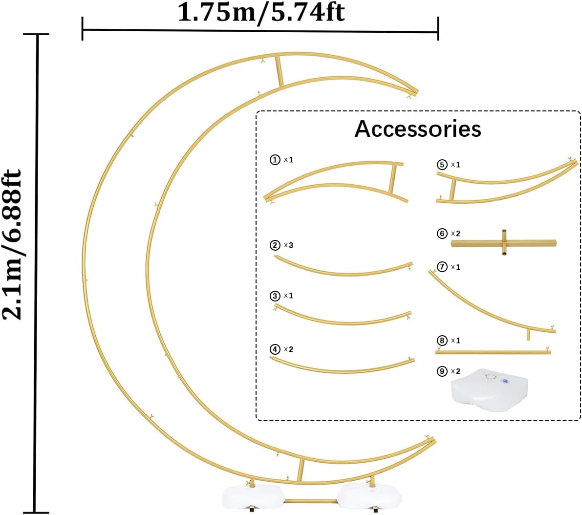Vincidern 6.9ft Moon Arch, Wedding Arch Backdrop Stand, Metal Crescent Moon Backdrop Stand for Wedding, Baby Shower, Bridal Shower, Birthday Party Backdrop Decoration (Gold)
