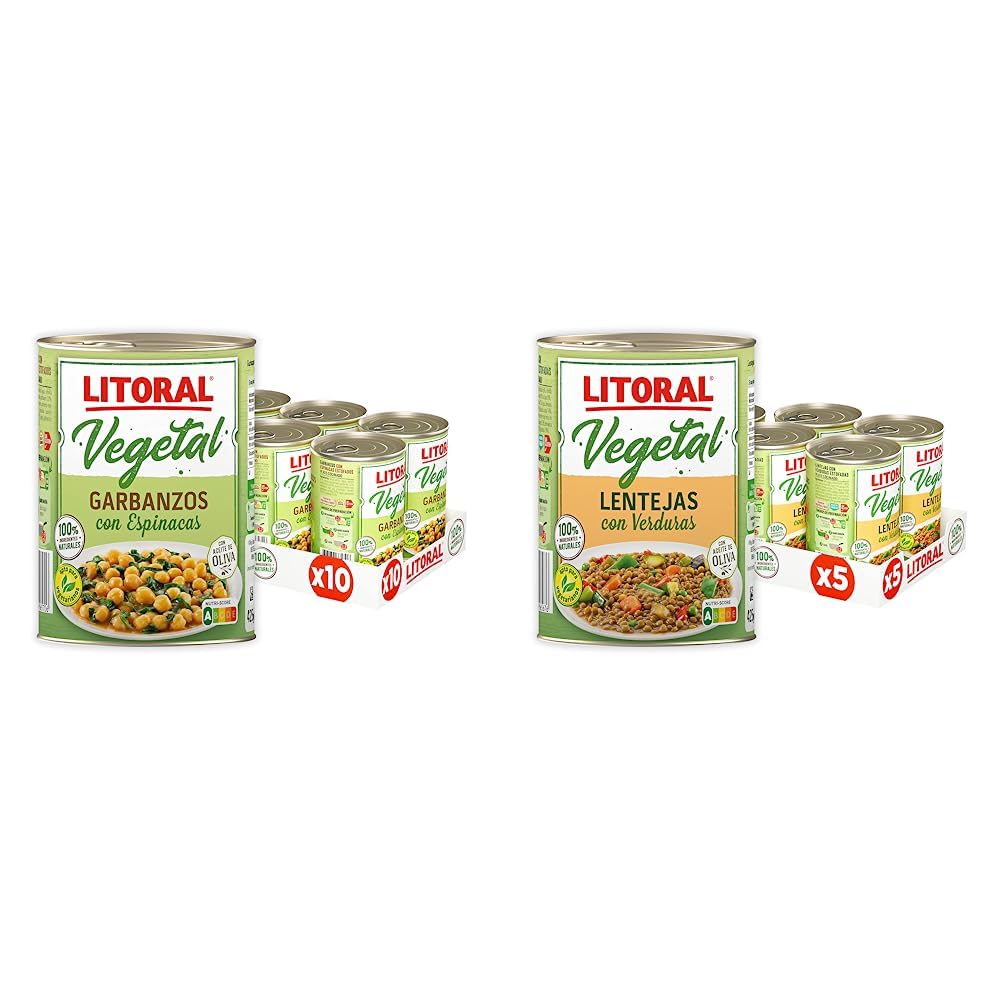LITORAL Vegetal Garbanzos con Espinacas - Plato Preparado Sin Gluten - Pack de 10x425g - Total: 4.25kg & Vegetal Lentejas con Verduras - Plato Preparado Sin Gluten - Pack de 5x425g - Total: 4,25kg
