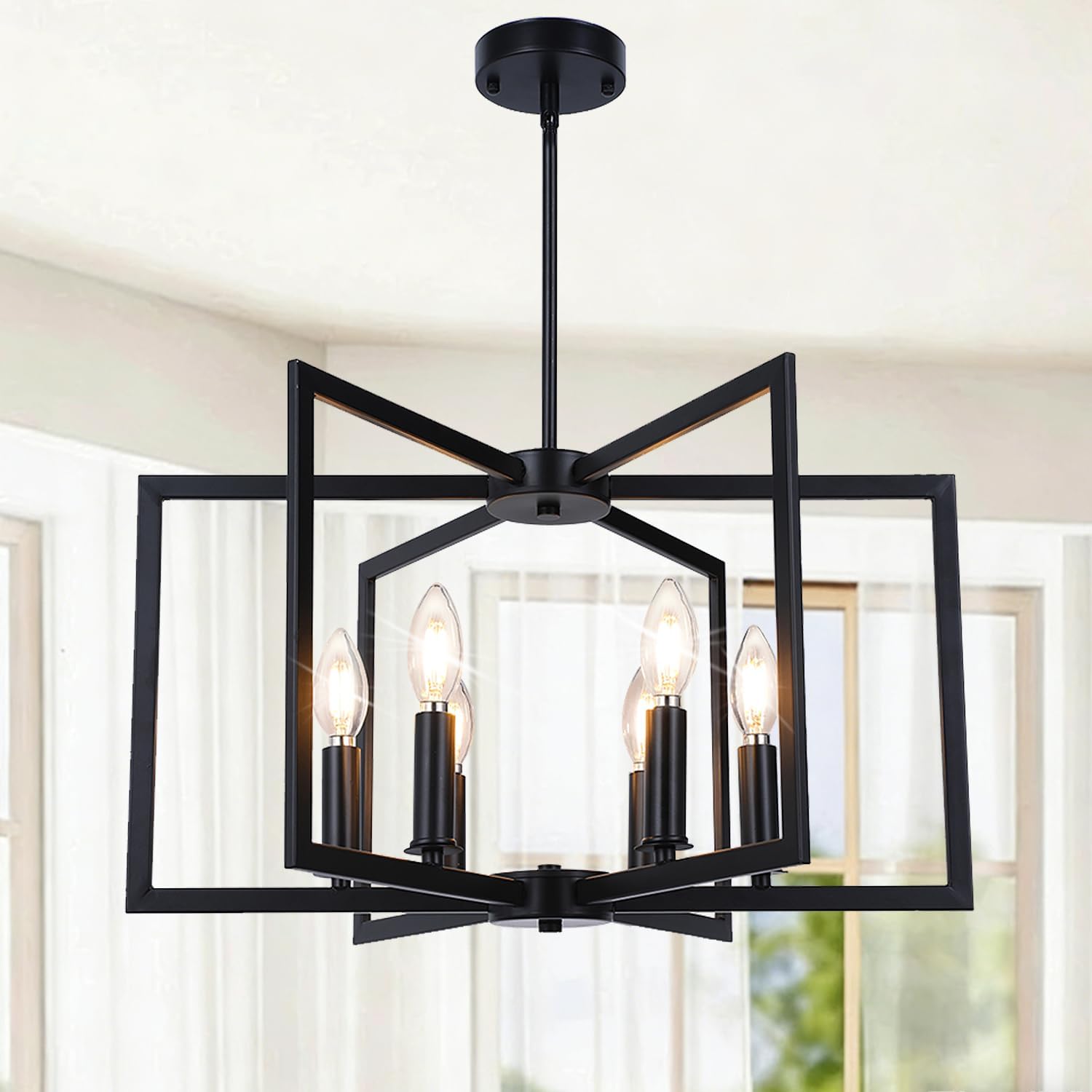 21" Modern Matte Black Chandelier for Dining Room, Industrial Geometric 6-Lights Black Dining Room Light Fixture Over Table, Farmhouse Metal Hanging Pendant Lights for Kitchen Island, Entryway, Foyer