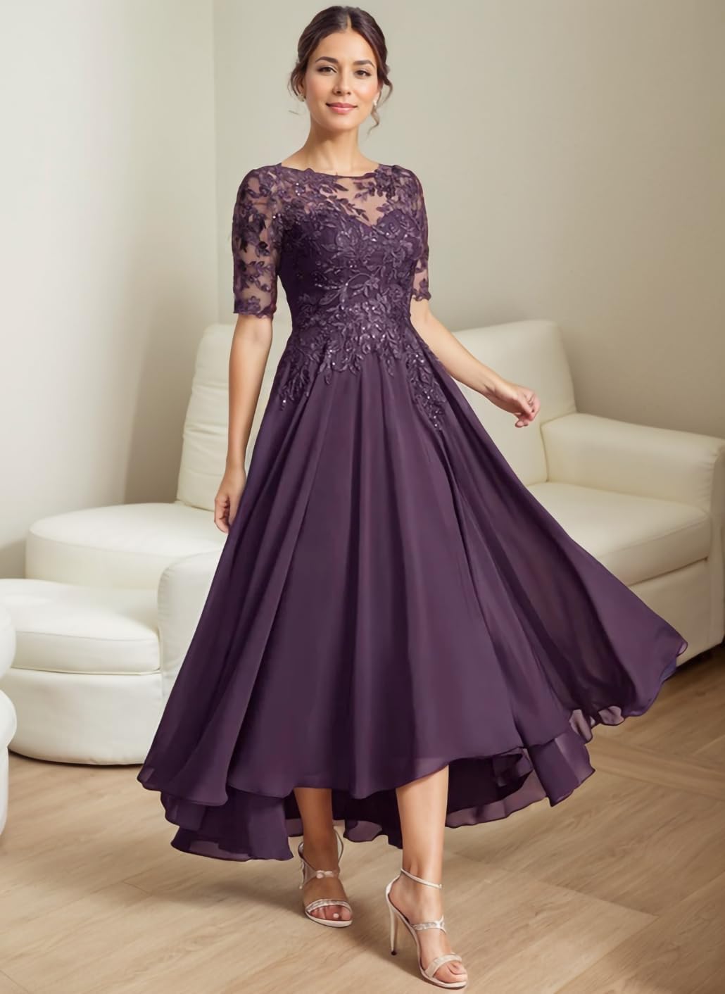Elegant Mother of The Bride Dresses for Women Wedding Sequin Lace Formal Dress with Pockets