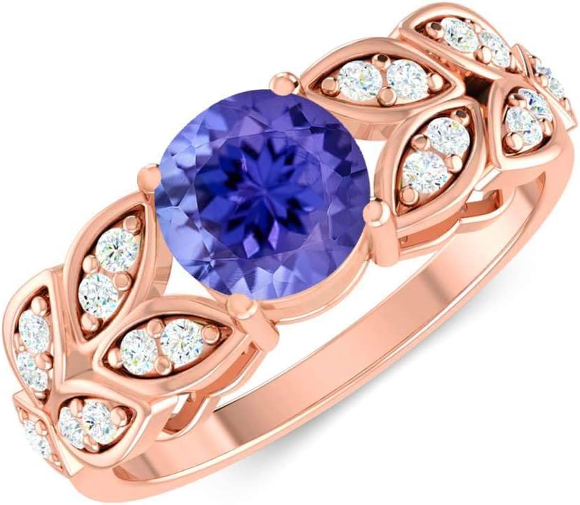 Natural Tanzanite and Diamond Ring – Solid 14K Gold or 925 Sterling Silver – December Birthstone Engagement Ring – Leaf Design Fine Jewelry for Women