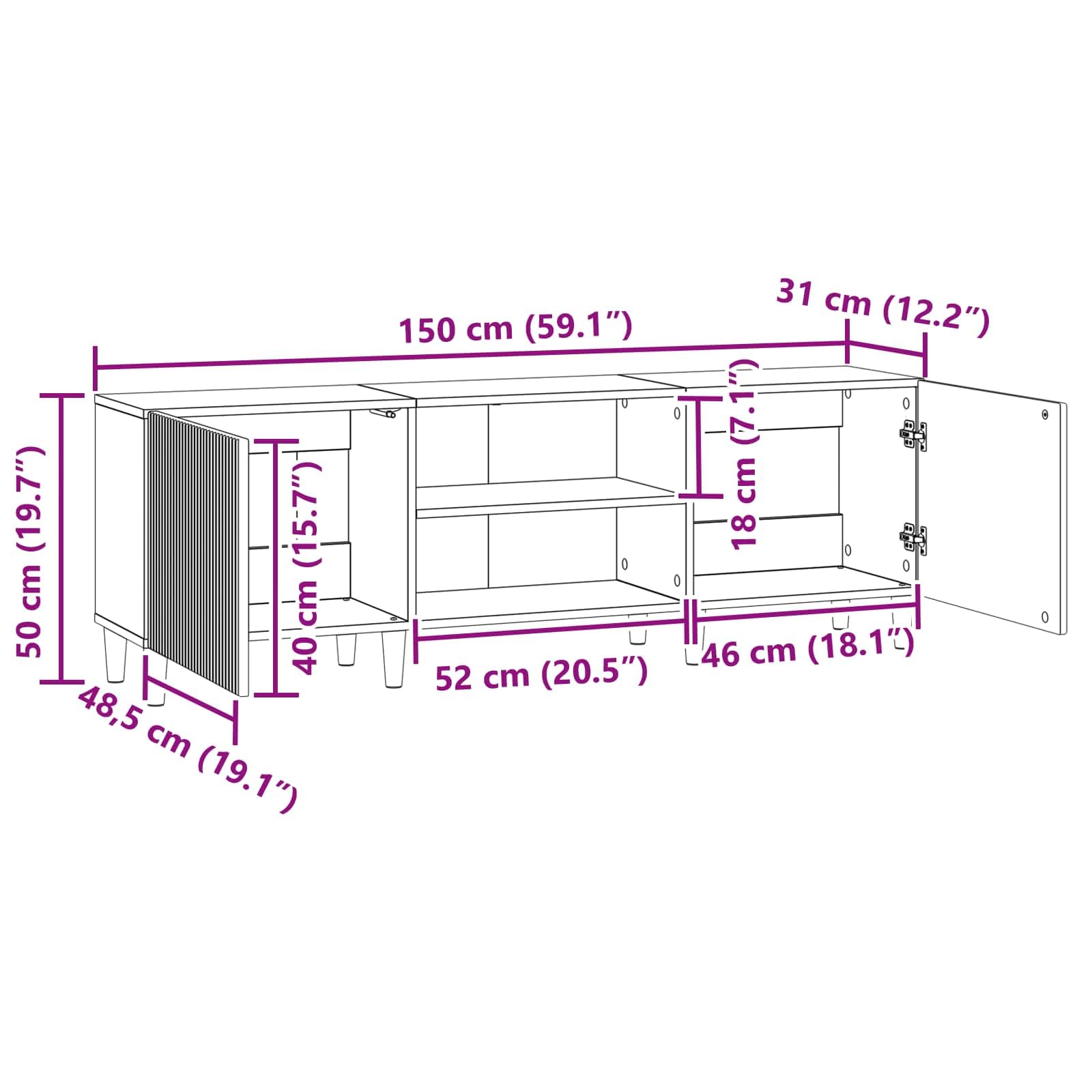 TV-Schränk Hochglanz Weiß aus Holzwerkstoff 150 x 31 x 50 cm mit 2 Schwenktüren und Brettregal, vielseitiger Fernsehtisch für Wohnzimmer, Stauraum für Mediengeräte und Gaming Zubehör